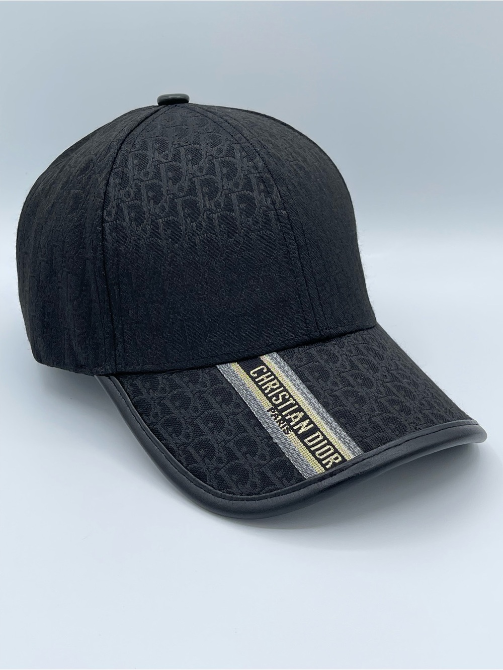 Dior Black Monogram Baseball Cap with Gold Logo Stripe